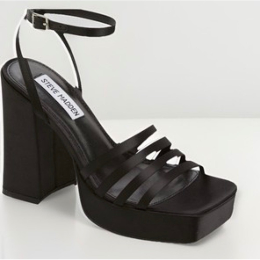 Steve Madden Disco Platform Sandals Women 10 Black Satin Strappy Block Heel